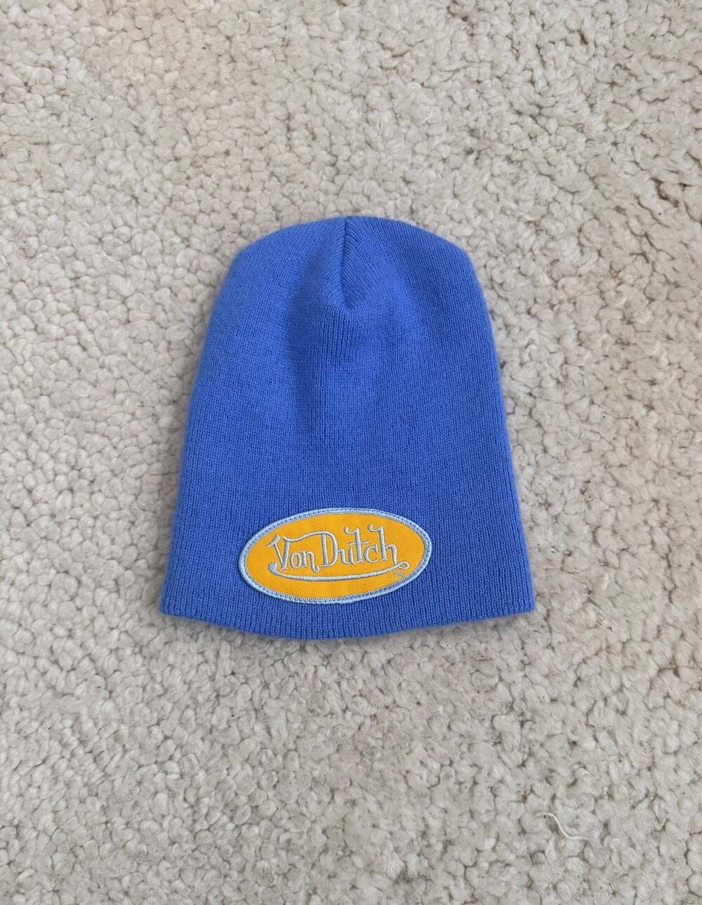 Von Dutch Y2K Blue Knit Beanie Hat Yellow Logo Patch Made in USA Vintage Style